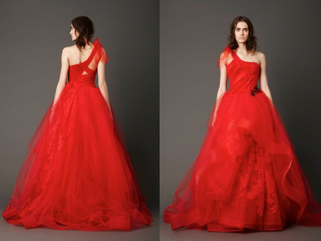 Photography: Dan Lecca | Cardinal one-shoulder ballgown with sheared flange bodice and swirling tumble tulle skirt with floating Chantilly lace embroidered appliqué