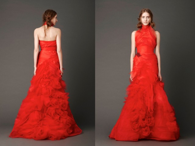 Photography: Dan Lecca | Vermillion strapless mermaid gown with inverted flange bodice andcrystal embroidered floral detail skirt
