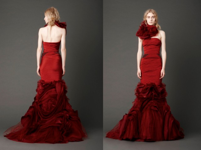 Photography: Dan Lecca | Crimson strapless mermaid gown with hand-draped bodice and inverted flange skirt with embroidered crystal wheat detail