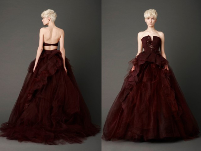 Photography: Dan Lecca | Dahlia strapless open back, V-neck ballgown with lifted tulle skirt and tiered flange, hand-cut petal embroidered detail