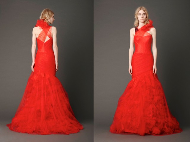 Photography: Dan Lecca | Cardinal mermaid gown with asymmetrical crisscross tulle draped neckline and hand-rolled floral appliqué detail skirt