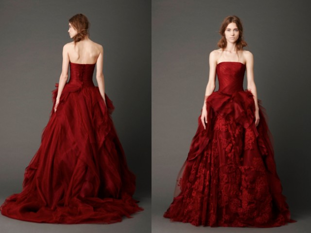 Photography: Dan Lecca | Crimson strapless ballgown with hand-draped tulle bodice and honeycomb tulle skirt with embellished floating Chantilly lace and bias-cutorganza ruffle detail