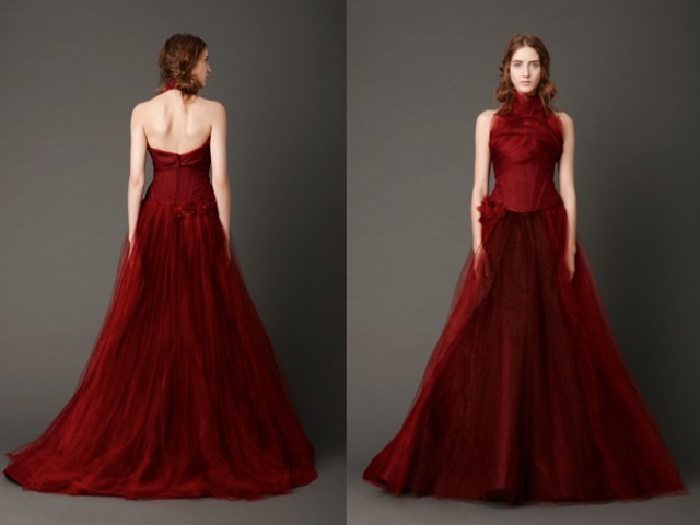 Photography: Dan Lecca | Crimson strapless mermaid gown with corset bodice and honeycomb tulle skirt with hand-rolled floral embellished detail