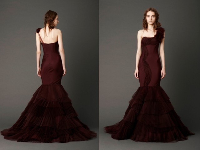Photography: Dan Lecca | Dahlia mermaid gown with chevron pleated bodice and pleated tulleskirt with hand-rolled floral appliqué shoulder detail