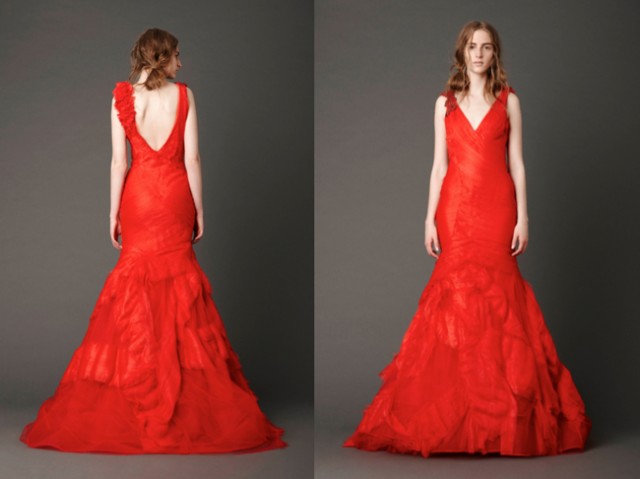 Photography: Dan Lecca | Vermillion V–neck mermaid gown with alternating sheered tulle flange skirt and crystal embroidered shoulder detail