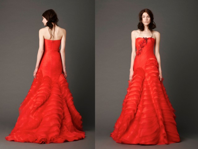 Photography: Dan Lecca | Cardinal strapless collapsed ballgown with tiered flange detail skirt and crystal embroidered silk, hand-cut floral accents
